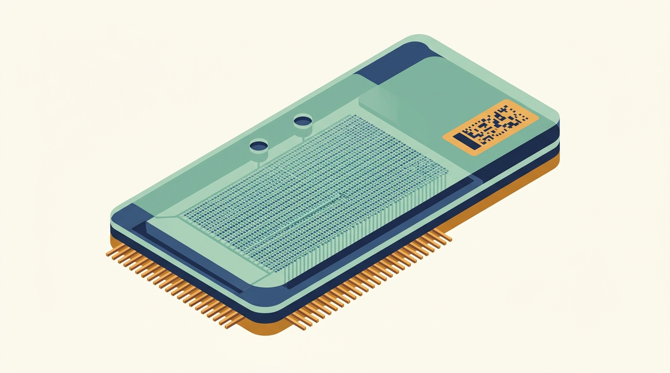 Isometric illustration of a flow cell showing its two ports, the dense sensor array beneath, the printed flow cell ID, and the connector pins