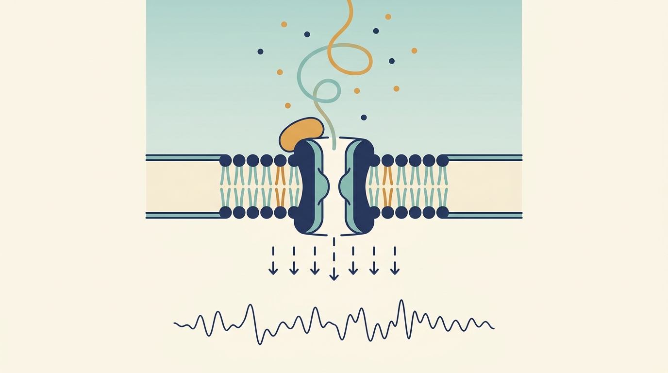 Cross-section of a single nanopore in a lipid membrane, with a motor protein, a DNA strand threading through, the ionic current below, and the resulting signal trace