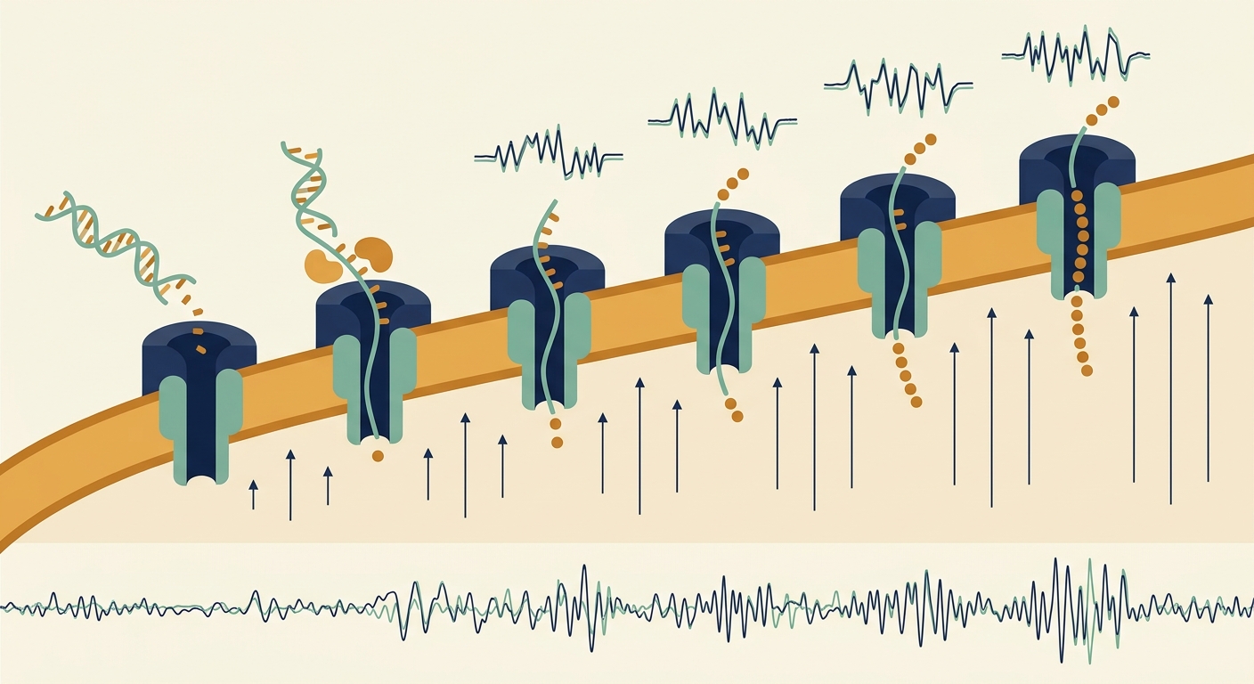A sequence of six pores along a membrane showing the stages of a strand threading through, from free-floating DNA to a fully inserted strand, with the signal trace above growing more complex at each stage